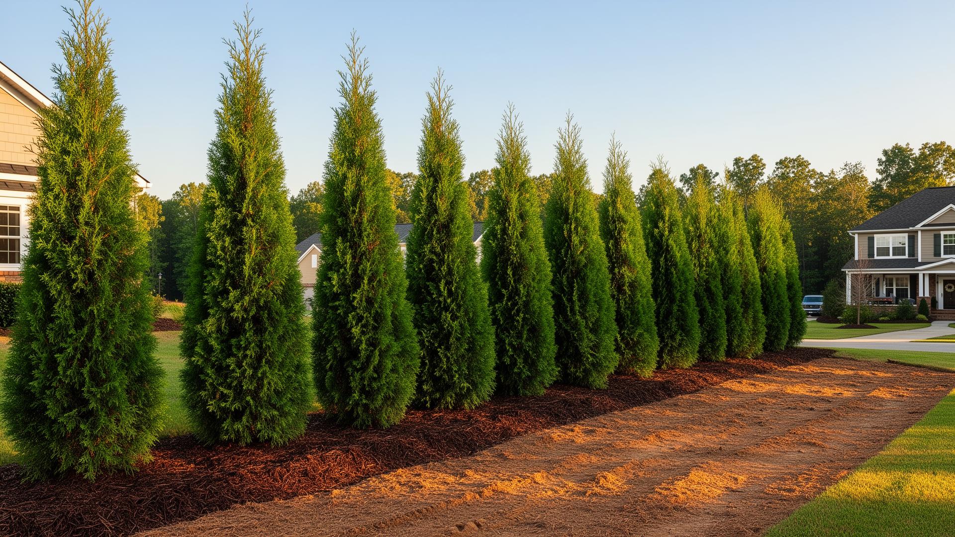 Row of tall arborvitae planted in a fresh mulch bed next to a house