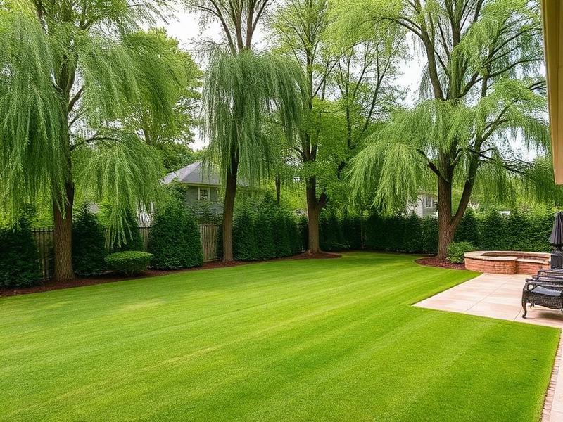 Backyard with weeping willow trees and an evergreen hedge along the lawn