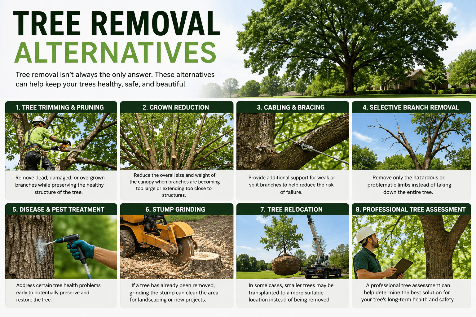 Infographic showing alternatives to tree removal, including pruning, cabling, and transplanting